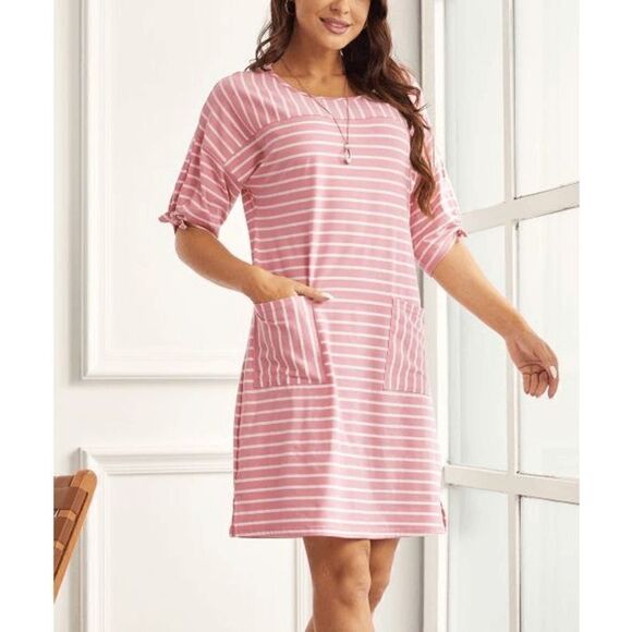 Suzanne Betro Pink & Ivory Stripe Tie-Cuff Yoke Shift Dress M - Picture 1 of 8